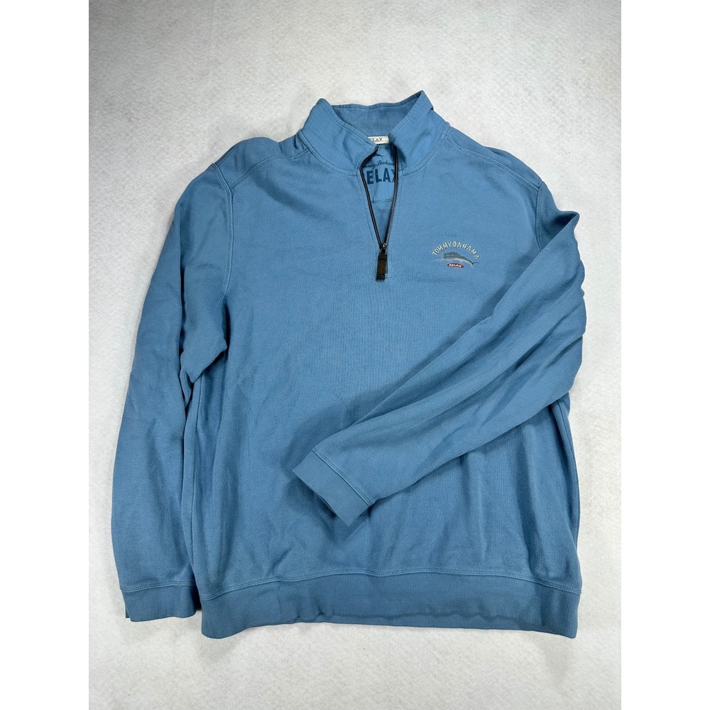 Tommy Bahama Relax XL Blue Quarter Zip Pullover Cotton Marlin Logo Sweatshirt